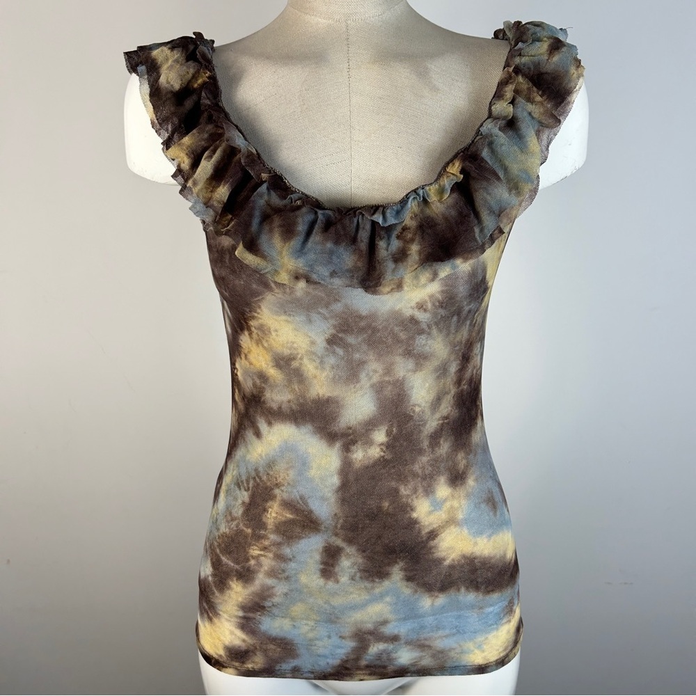 Guess Ruffled Tie-Dye Tank Top in Brown and Blue M